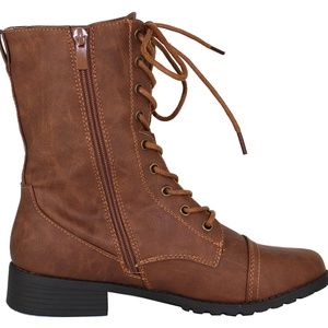 Vegan Leather Lace Up Low Heeled Combat Boots | Forever Link | New